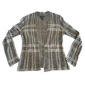 Eileen Fisher Tencel Wool Open Front Plaid Cardigan in Gray & Cream Size M